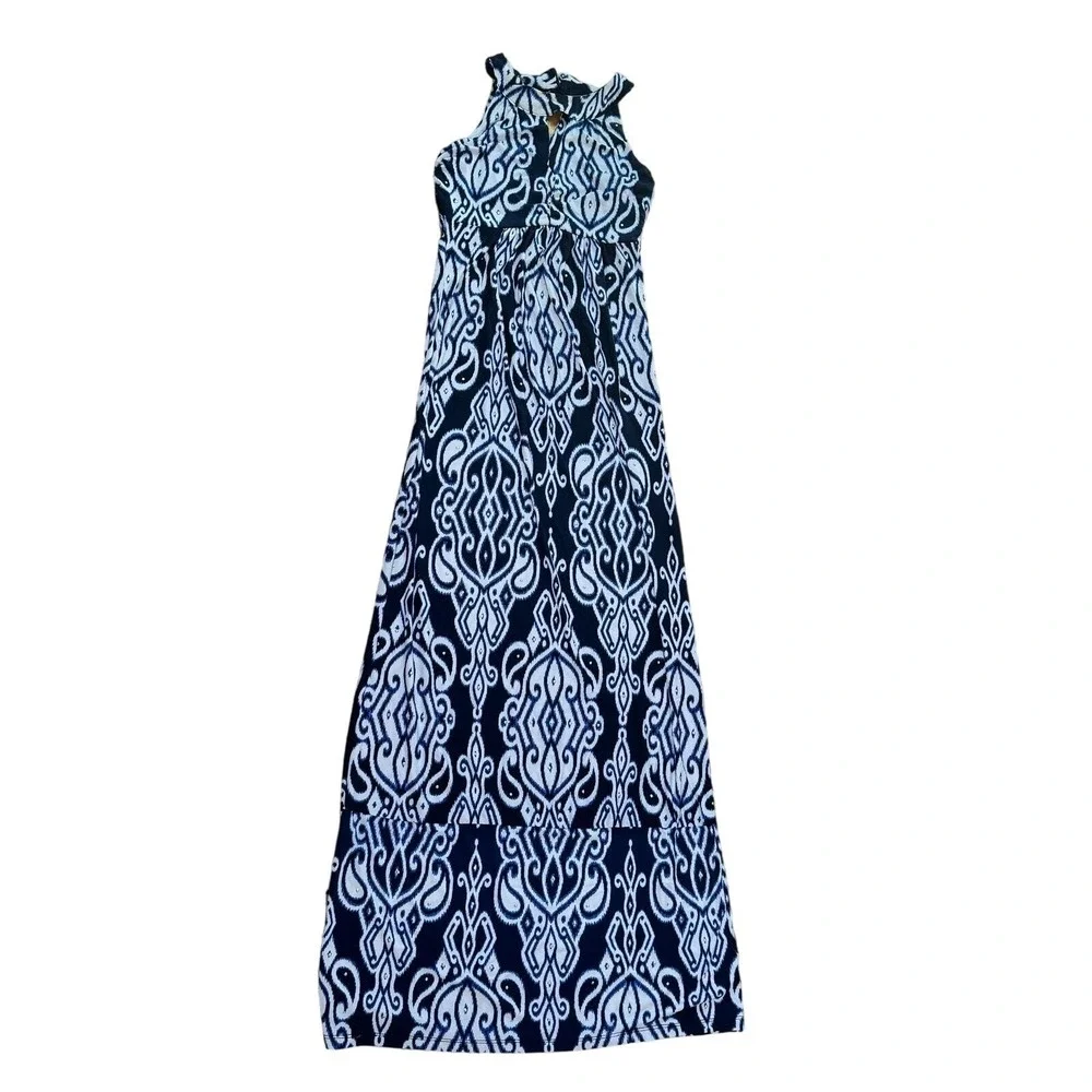 INC international Concepts Women Blue and White Halter Embellished Maxi Dress MD